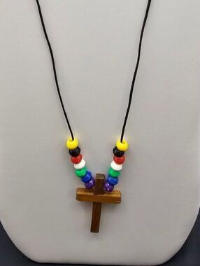 Handmade Wooden Cross Necklace with Colorful Beads on Black Cord
